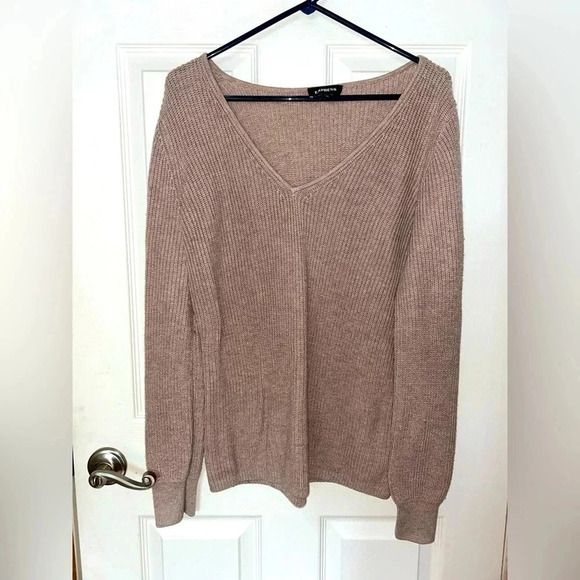 Express Sweaters - Express V-Neck Beige Knit Sweater, Extra Large